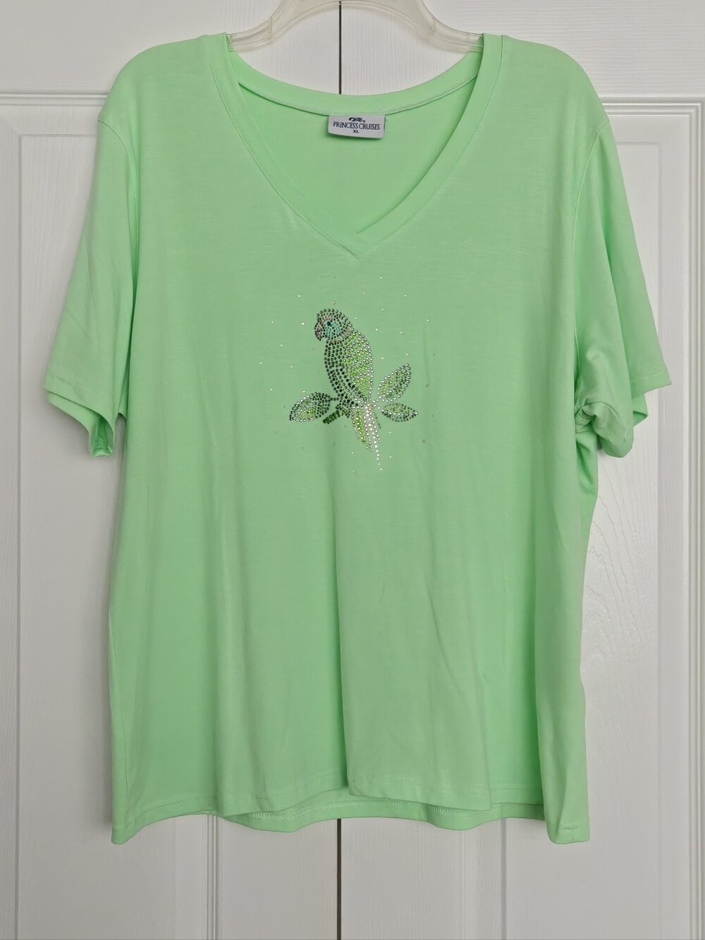 Princess Cruises Embellished Parrot V-Neck Tee in Mint Green, Size XL